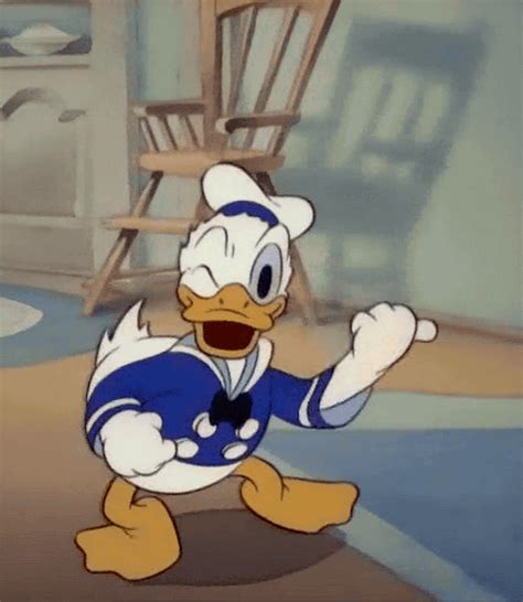 15 Making his screen debut in The Wise Little Hen on June 9, 1934, Donald is characterized as a pompous, showboating duck wearing a sailor suit, cap and a bow tie. . Donald duck gif